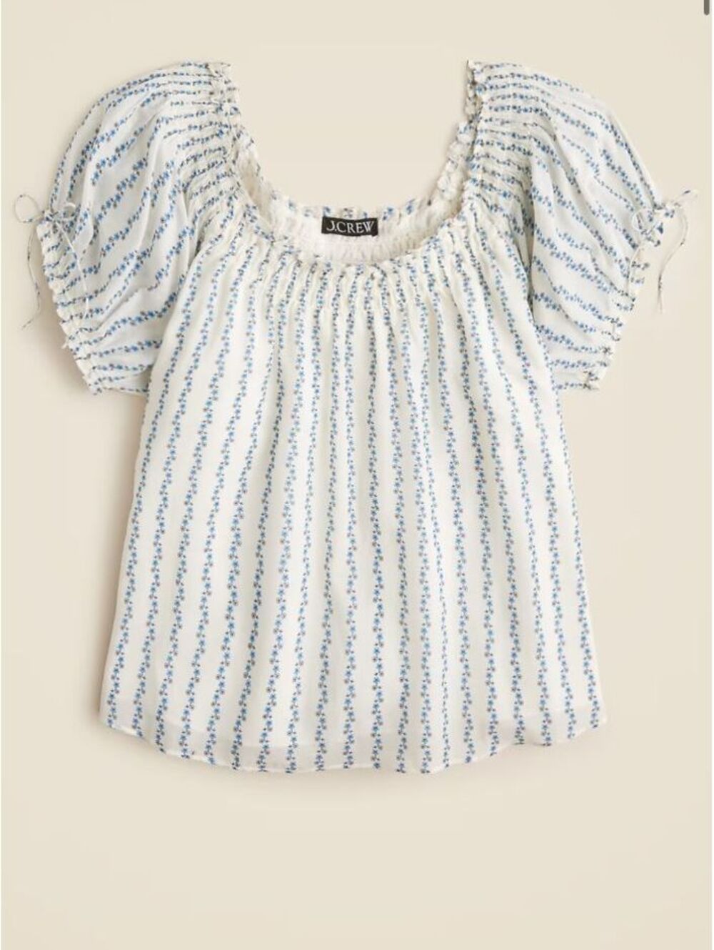 J.Crew Blue White Floral Pintuck Ruffle Puff Sleeve Blouse Top Size S